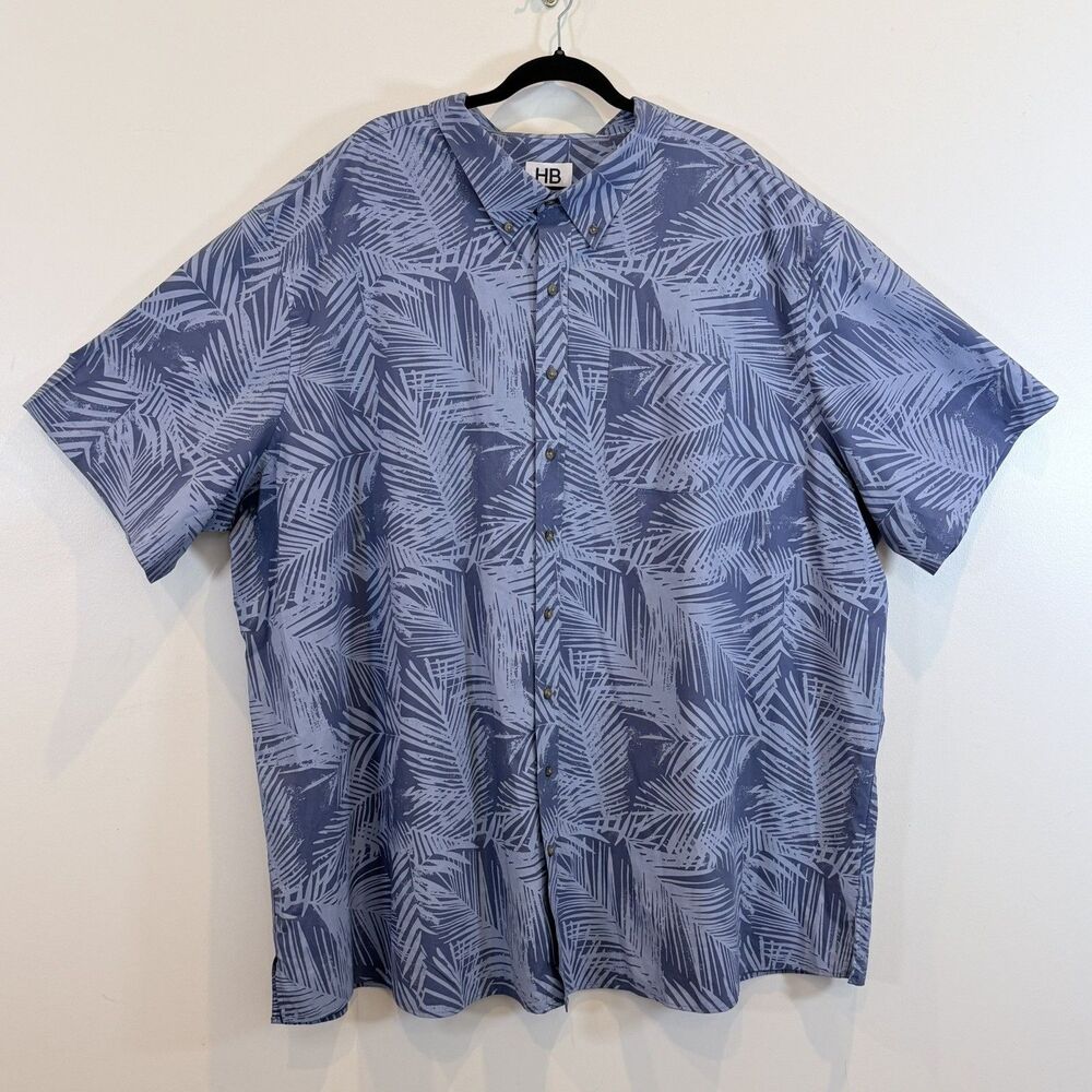 HB Shirt Button Down Collar Short Sleeve Cotton-Poly Tropical Palm Blue 5XLT